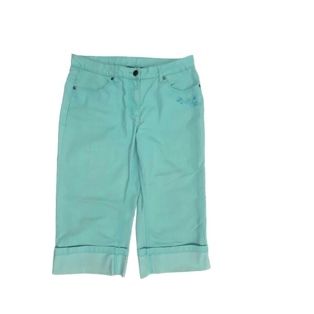 Basic Editions Embroidered Cuffed Crop Women's size 12‎ Teal Blue Denim jeans